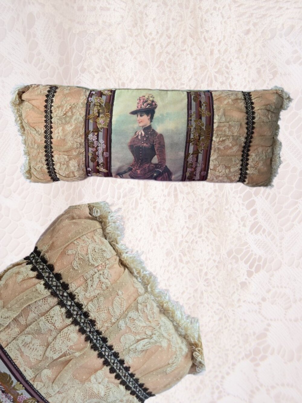 Vintage 90s Handmade Victorian Style Lady Decorative Cushion